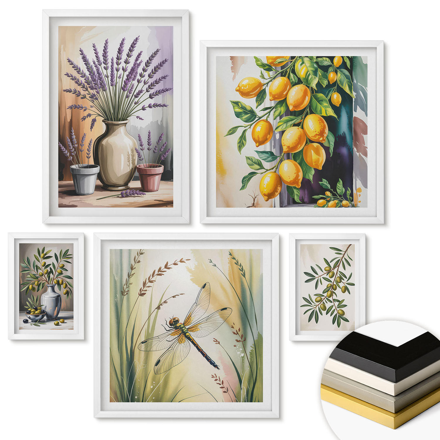 WANDBILDER 5er-Set - 50x50 cm & 20x30 cm & 40x60 cm Weißer Rahmen - Lavendelblüten und Architektur - Weiß, Kunststoff (40/60cm) - ArtPrintCave