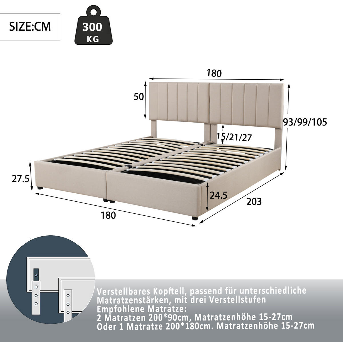 BETT mit hydraulischem Stauraum 180x200 cm Beige umbaubar zu 2x 90 cm - Beige, Metall (180/200cm) - Meubliv