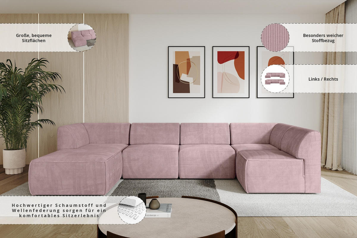 WOHNLANDSCHAFT Ottomane Links MOVA 345x180x78 Rosa Cord - Schwarz/Rosa, Holzwerkstoff/Kunststoff (180/78/345cm) - ALTDECOR