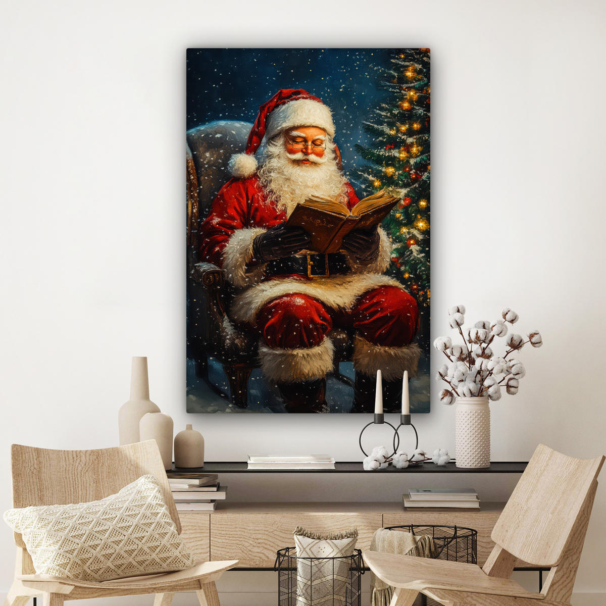 LEINWANDBILD Weihnachtsmann - Weihnachten - Winter - Weihnachtsbaum Deko Groß 90x140 cm - Bordeaux, Textil (90/140cm) - MuchoWow