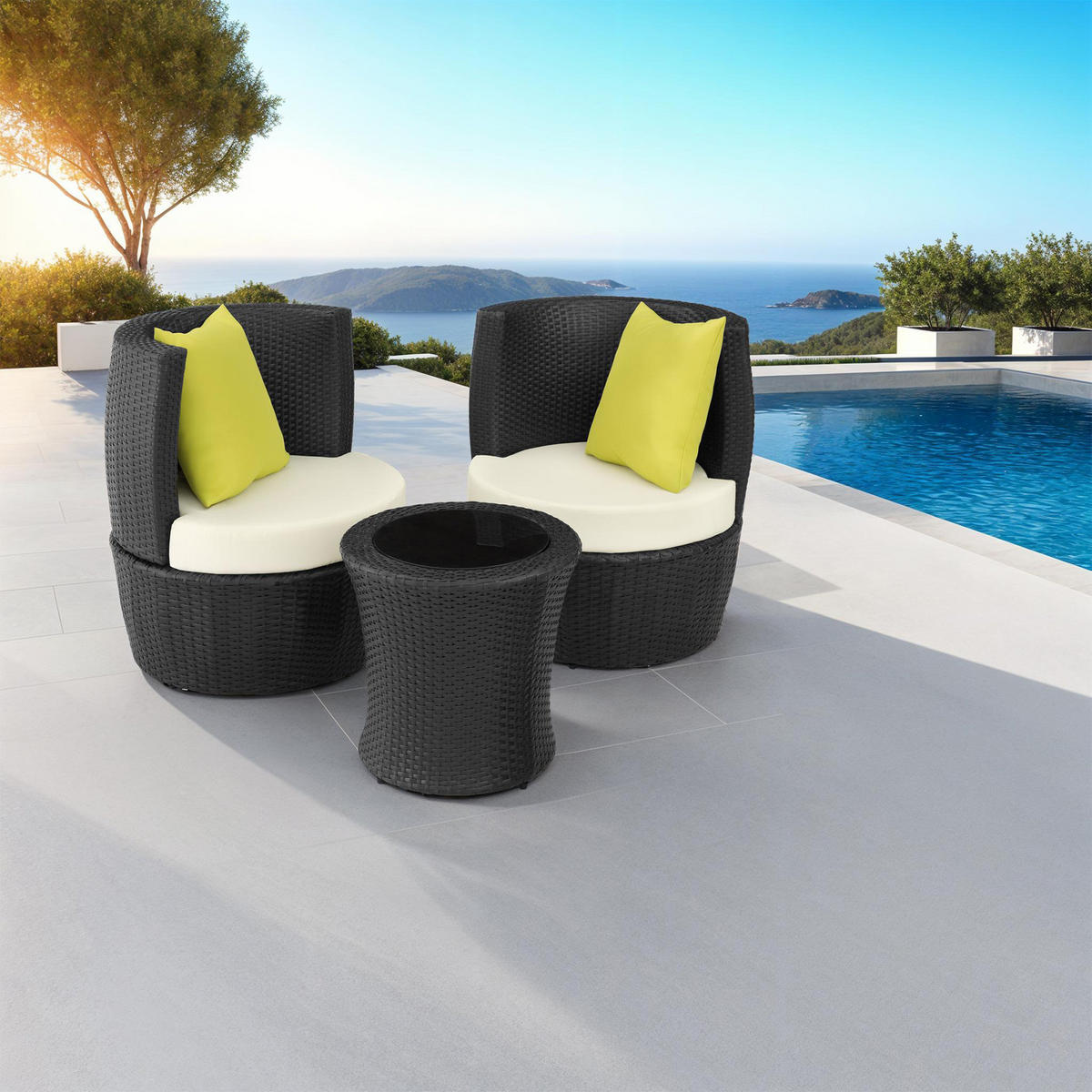 RATTAN SITZGRUPPE Nizza,stapelbar,schwarz - Schwarz, Kunststoff - tectake