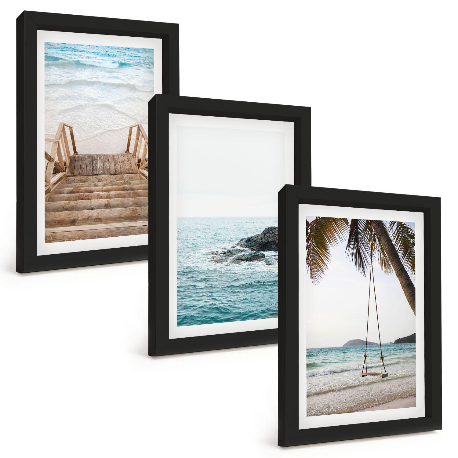 BILDER SET 3er Set - 20x30 cm Schwarzer Rahmen - Treppe Strand Meer Schaukel - Schwarz, Kunststoff (20/30cm) - TULUP