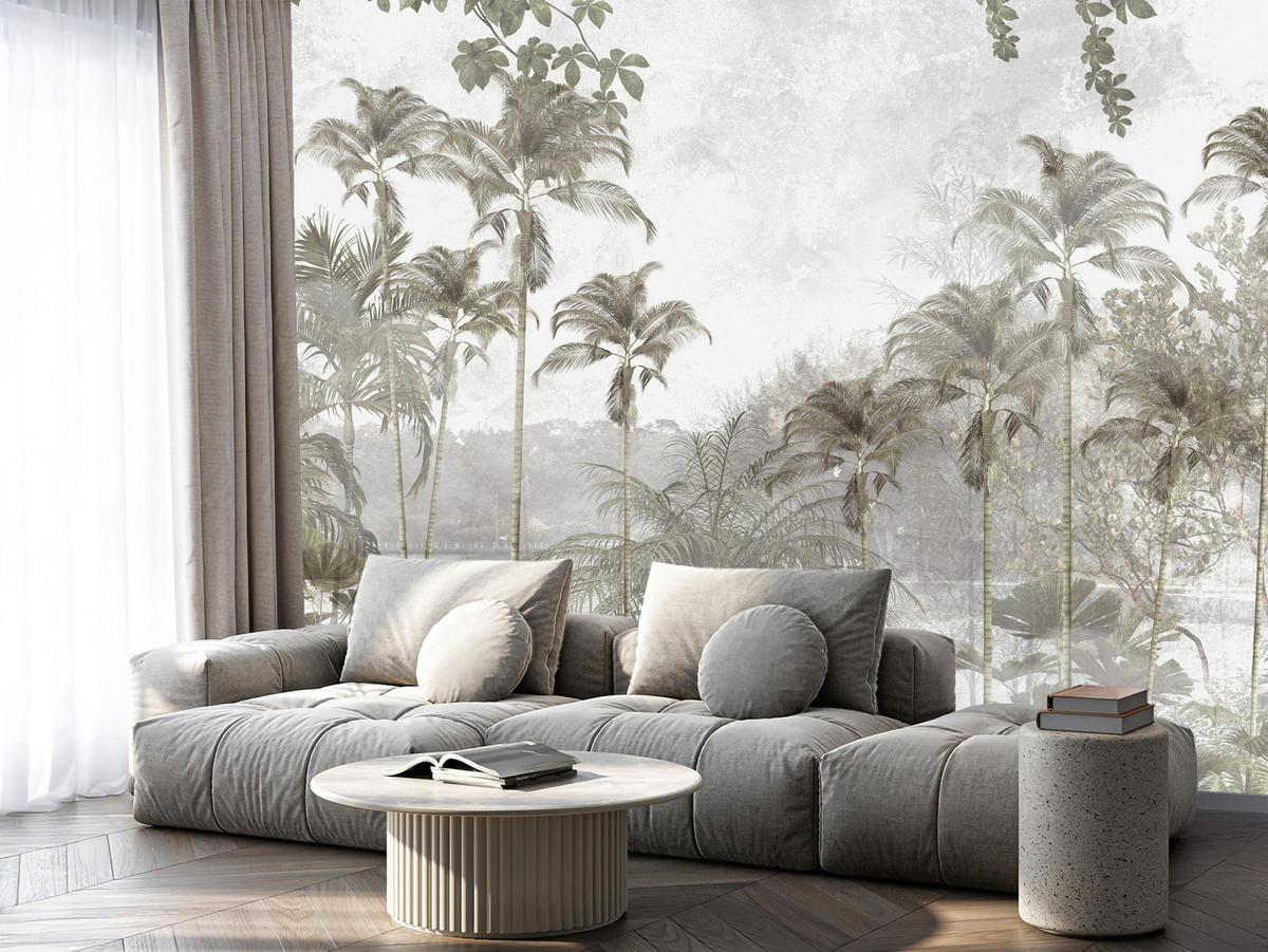 FOTOTAPETE für Wohnzimmer Tropische Bäume Fluss Grau Palmen 400x280 - Beige/Grau, Papier (400/280cm) - Muralo