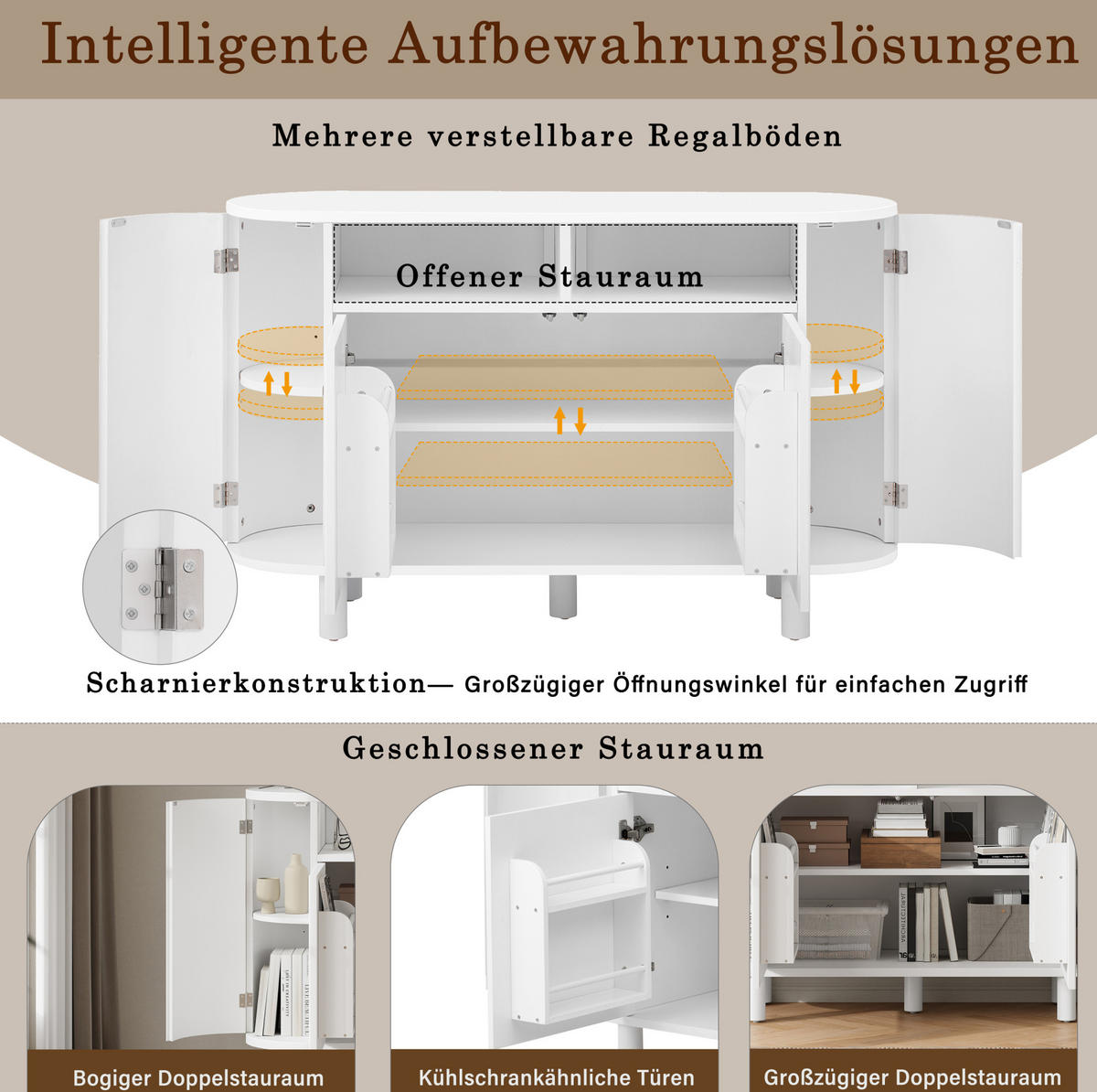 SIDEBOARD 120/38/77 cm Weiß aus MDF mit verstellbaren Böden - Weiß, Holzwerkstoff (120/77/38cm) - OKWISH