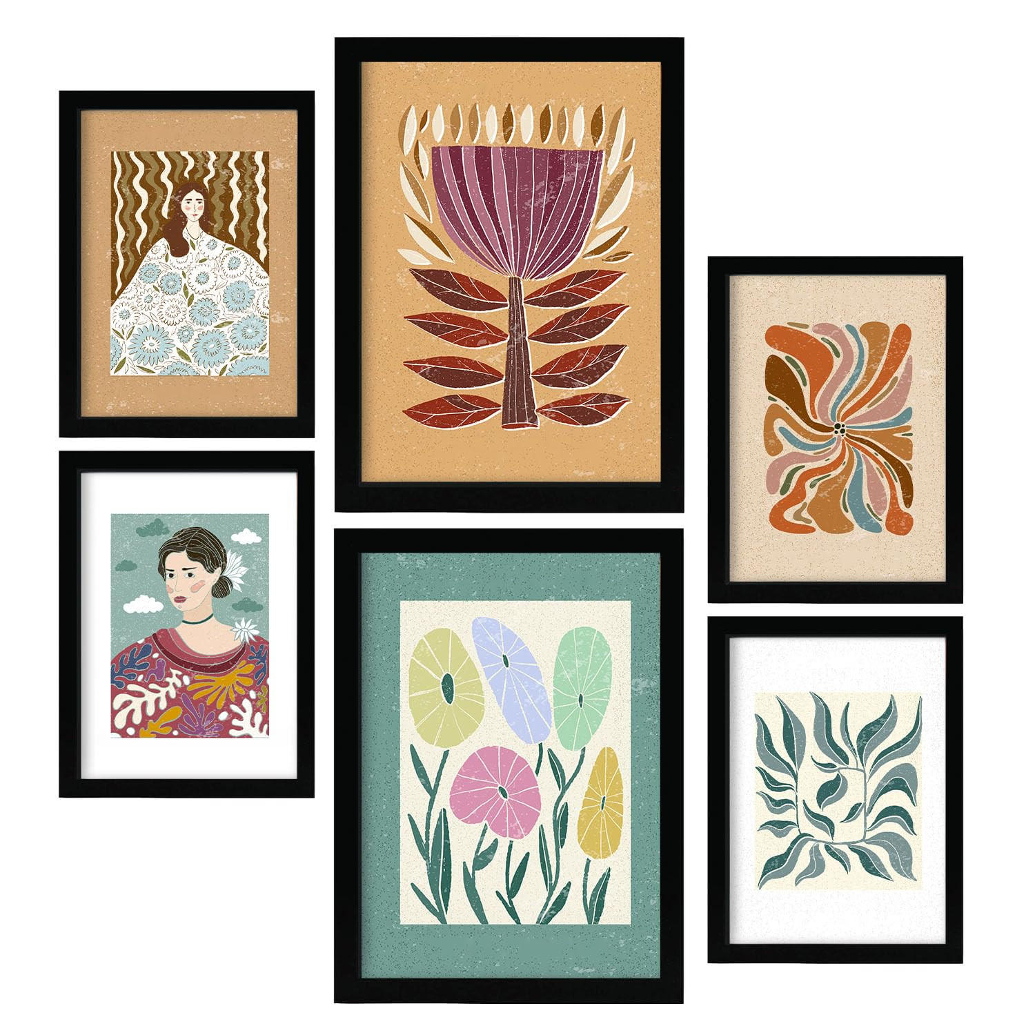 POSTER Set Mit 6 Drucken Von Blumen In Der Sammlung Ethnischere Ästhetische Dekorative Rahmen Für Ihr Zuhause Wandkunstdruck A3 & A4 Schwarzer Rahmen - Schwarz, Papier (29/3cm) - Nacnic