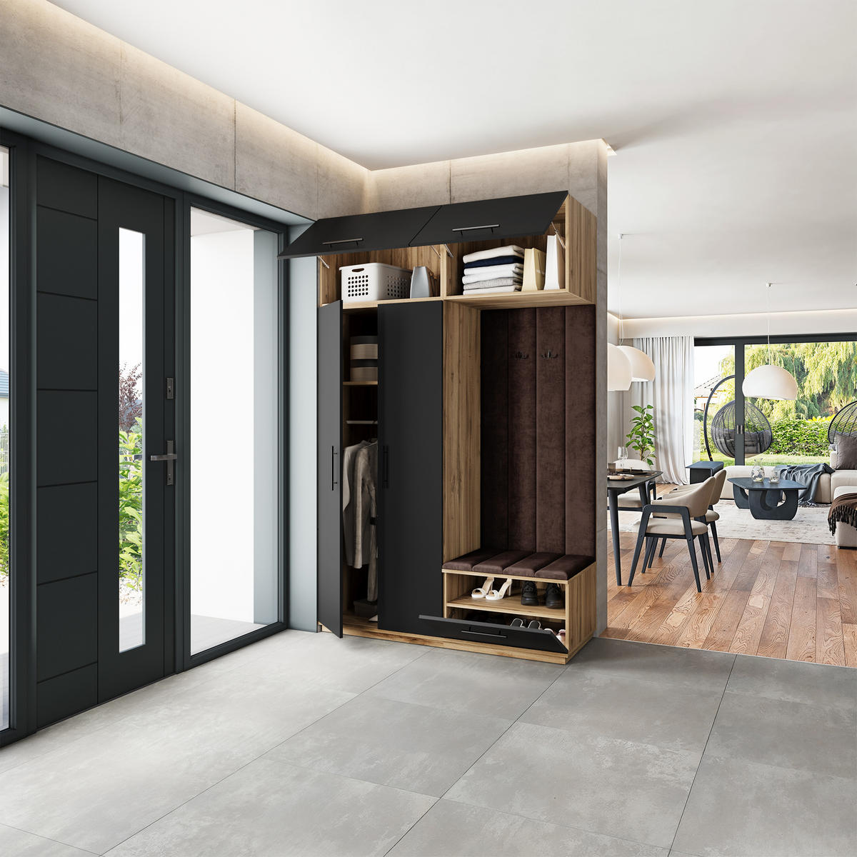 GARDEROBENSCHRANK REMA 150/240/60 cm Modern Garderobe-Set Eiche Wotan - Eiche Wotan/Schwarz, Holzwerkstoff (150/240/60cm) - MASSENO