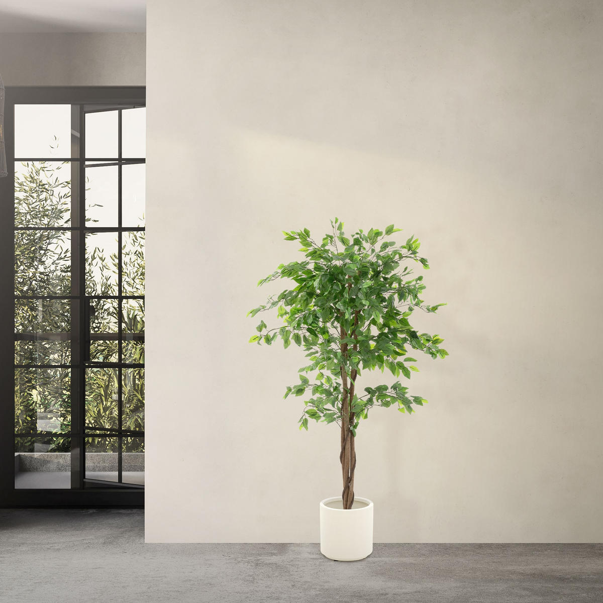 KUNSTPFLANZE Ficus 150 cm mit Naturholzstamm für Innen/Außen - Schwarz/Grün, Kunststoff/Textil (150cm) - ML-DESIGN