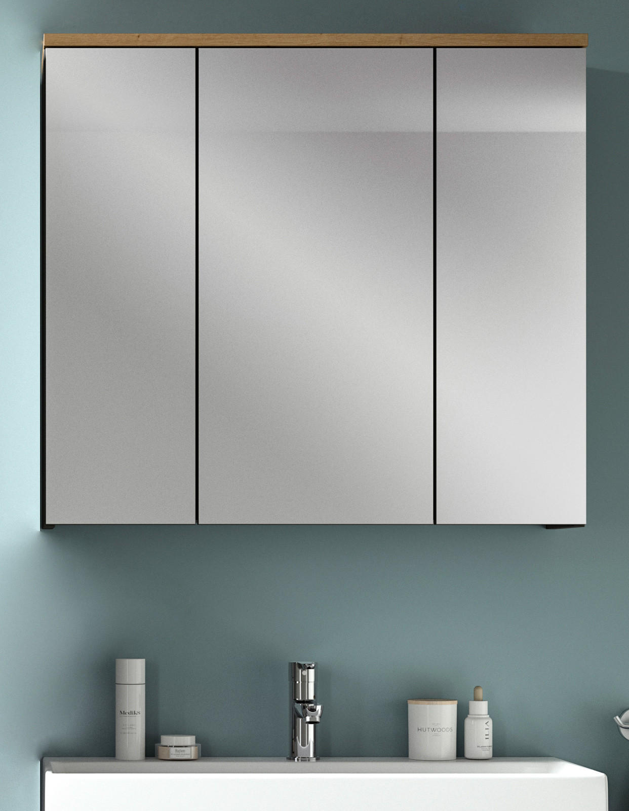 Thumbnail - Inn.Furn Spiegelschrank, Eiche Artisan, Grau, Metall, Holzwerkstoff, Glas, Nachbildung,Eiche, Uni, Holz Optik, 6 Fächer,...