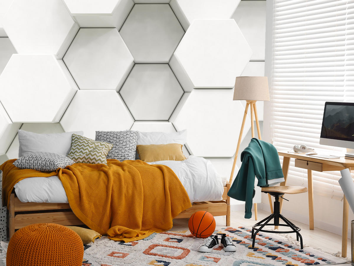 FOTOTAPETE für Wohnzimmer Hexagone Formen Geometrie 350x256 - Weiß/Grau, Papier (350/256cm) - Muralo