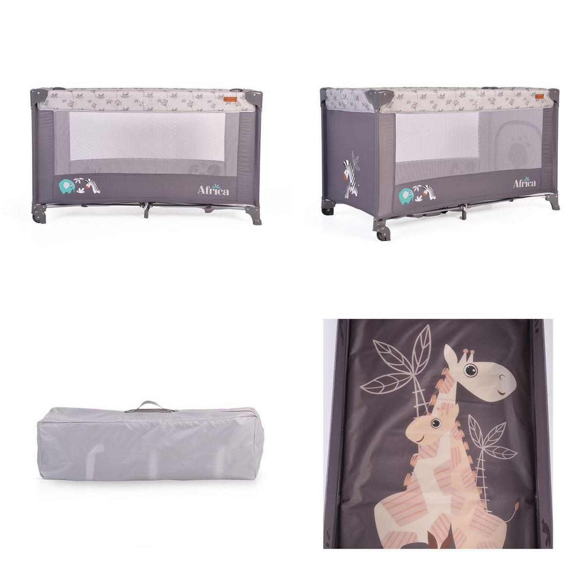 REISEBETT Africa grau Laufstall Seiteneingang Matratze Sichtfenster Tasche - Grau, Kunststoff (60/120cm) - Cangaroo