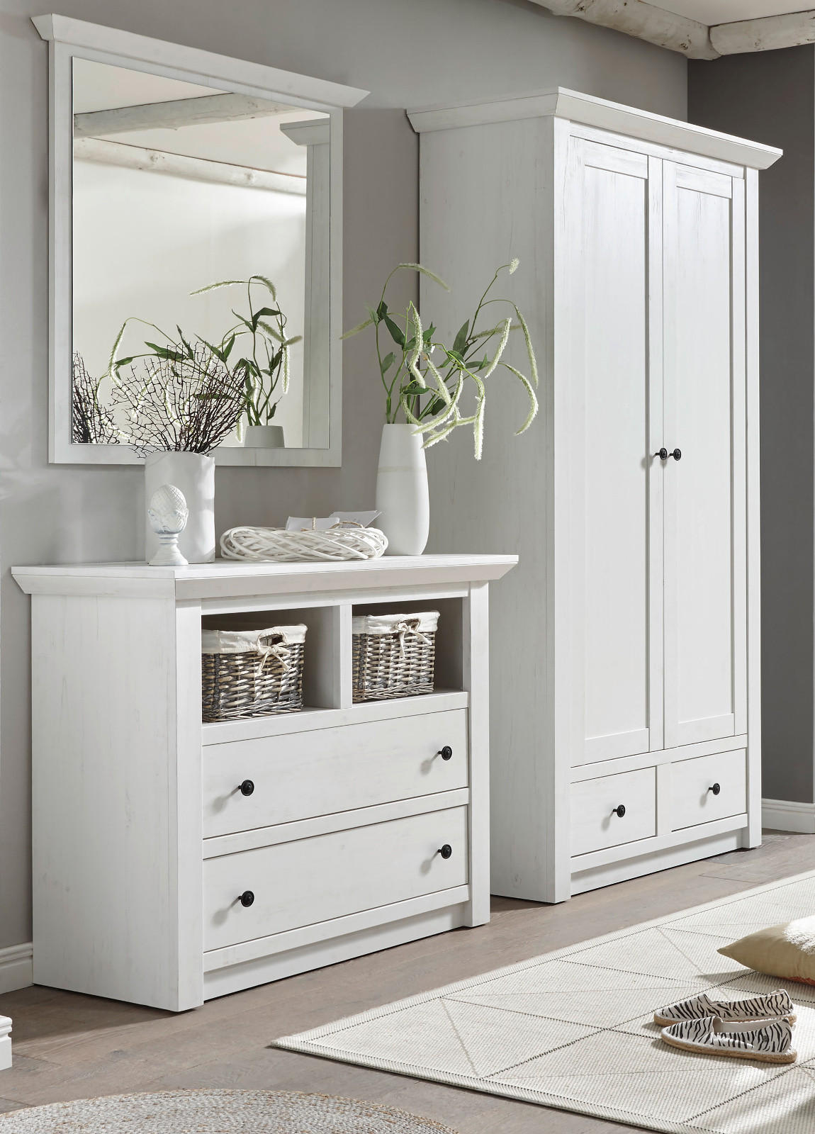 GARDEROBE Pinie weiß Set 3-teilig 220 cm, Garderobenkombination Landhaus - Schwarz/Weiß, Holzwerkstoff/Metall (220/206/45cm) - Furn.Design