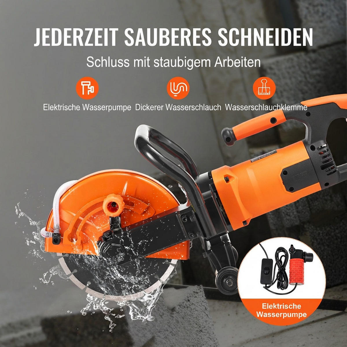 SCHLEIFMASCHINEN UND ZUBEHÖR Elektrischer Betonschneider 22,9cm Nass-Trocken Trennschleifer mit Wasserpumpe - Orange, Metall (20/30/10cm) - Raelunyi