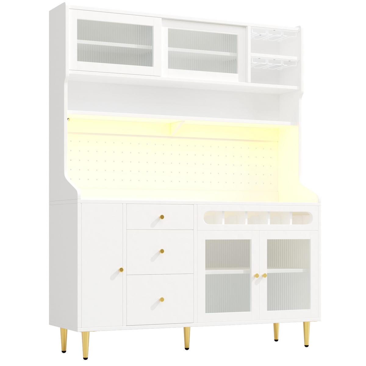 BUFFETSCHRANK 145/39/171 cm mit LED-Beleuchtung, verstellbaren Einlegeböden und Weinregal, Weiß - Weiß, Glas (145/171/39cm) - Redom