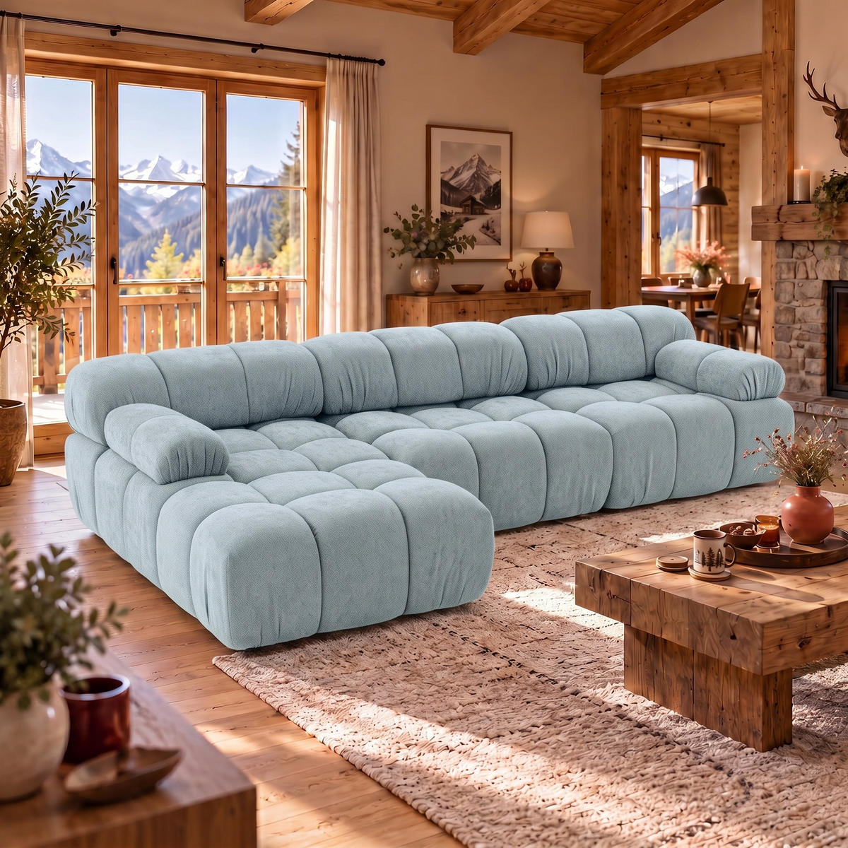 MODULARES Ecksofa MOMENTUM L, Links, Breite 282 cm, strukturierter Stoff, Hellblau - Chromfarben/Hellblau, Holz/Textil (282/155cm) - Muffo