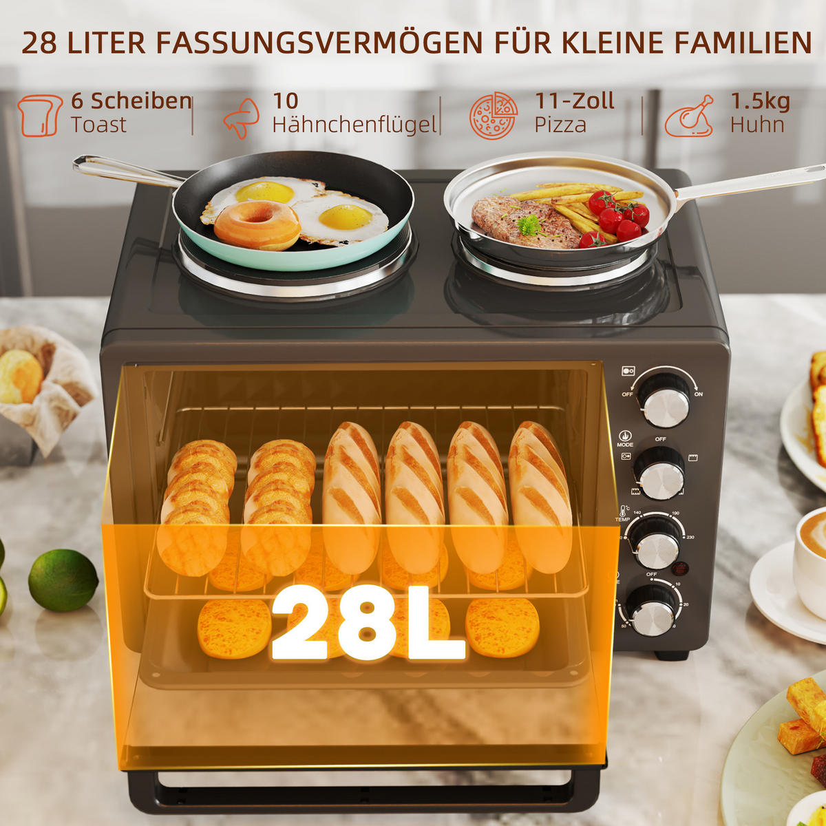 MINIBACKOFEN 28L 2600W mit 2 Kochplatten, Pizzaofen mit Backblech & Grillrost, 100-230°C, 60 Min. Timer, Schwarz - Schwarz, Metall (48.6/33/36.3cm) - Beaface