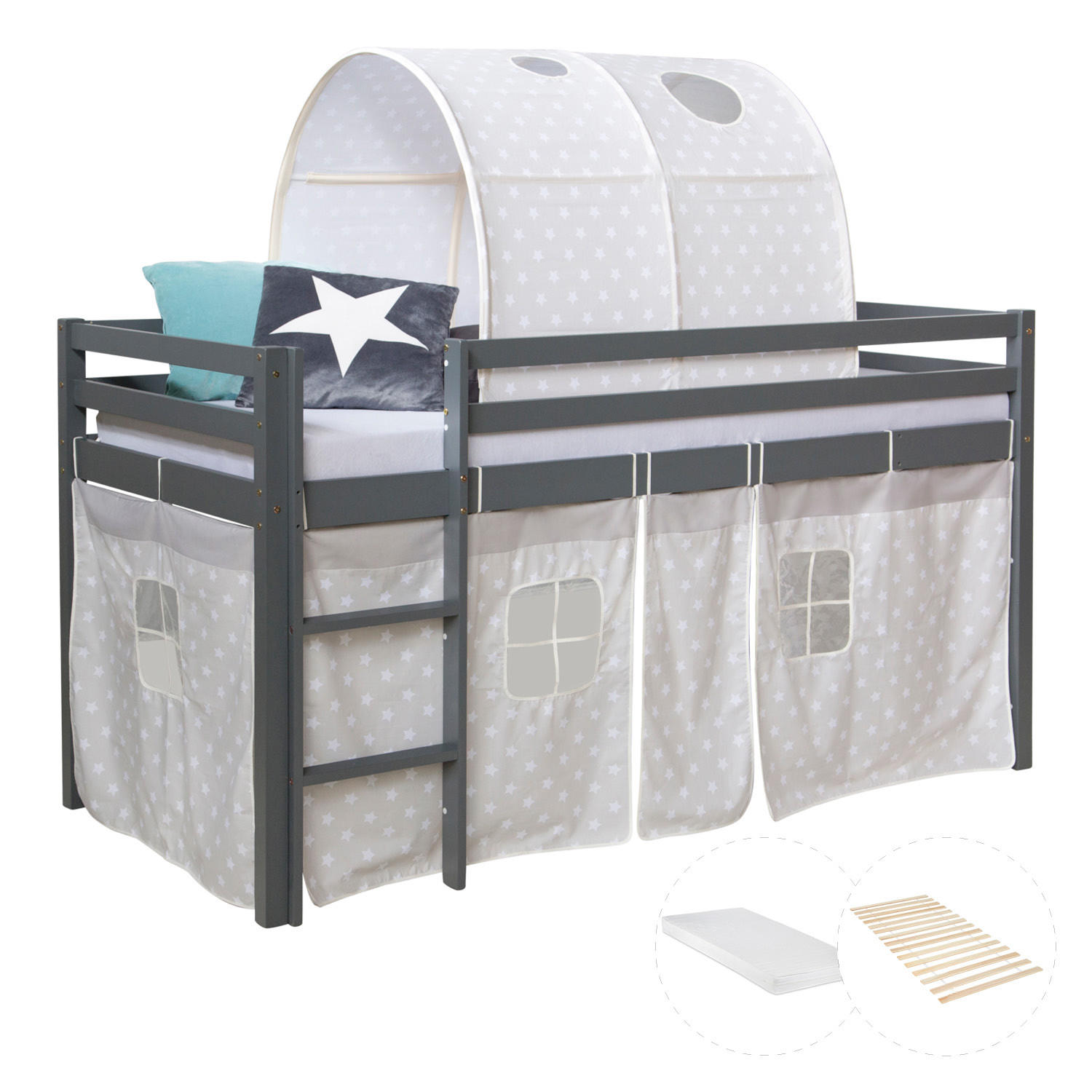 HOCHBETT 90/200 cm Grau Lattenrost Matratze Tunnel - Grau, Holz - Homestyle4u