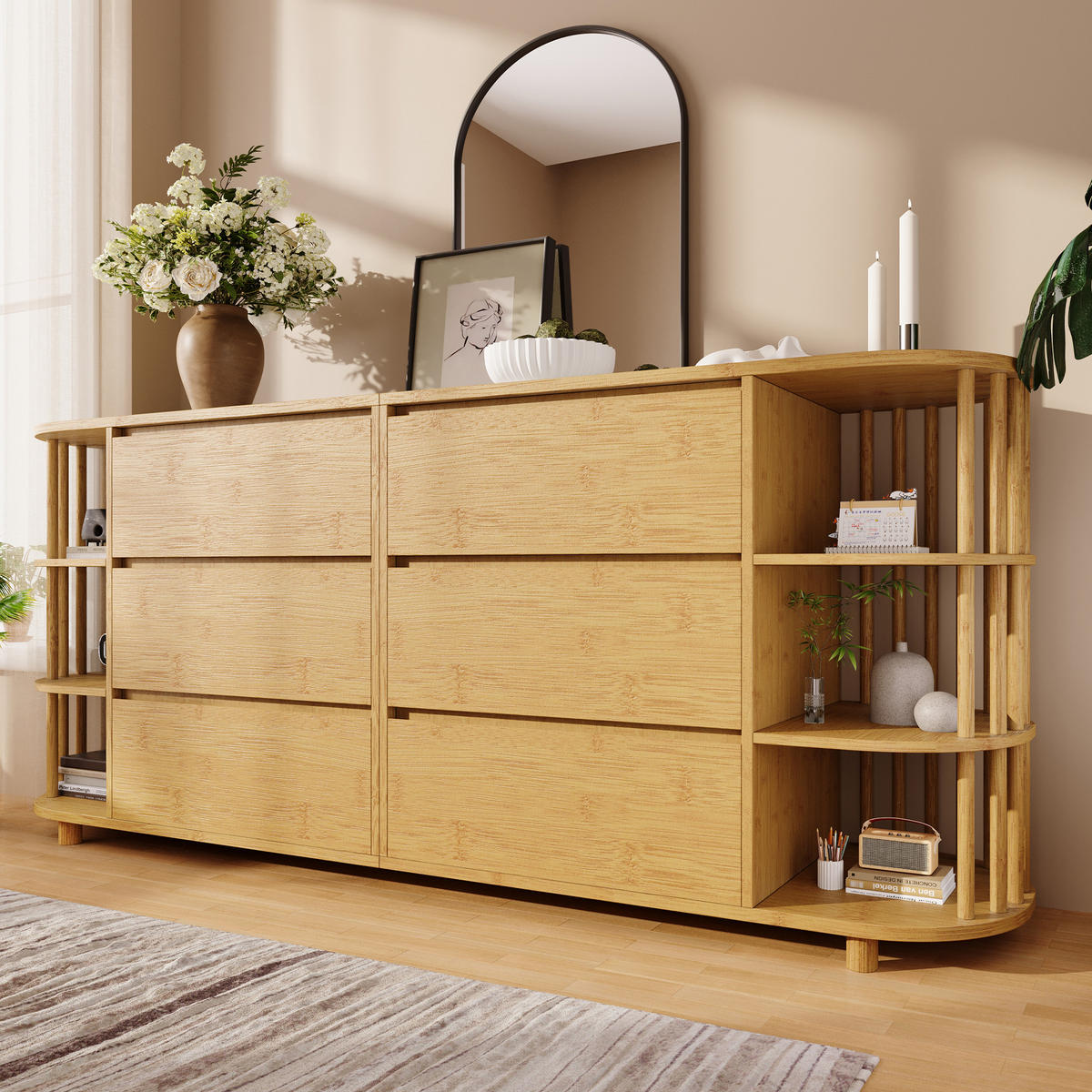 SIDEBOARD Oak 160/40/75 cm mit 6 Schubladen und offenen Regalen - Eichefarben, Naturmaterialien (160/75/40cm) - PANGIVO