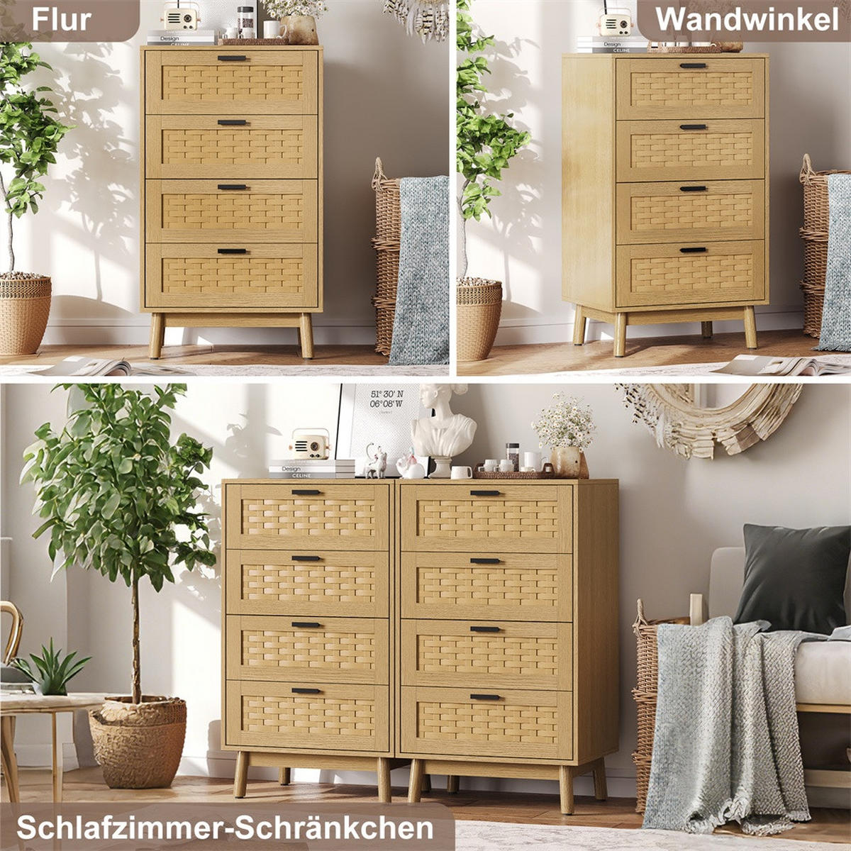KOMMODE mit 4 Schubladen - pflegeleichtes PVC-Geflecht und Holzbeine - für Wohnzimmer&Schlafzimmer - Eiche-Optik - Eichefarben, Holzwerkstoff (39.8/95/55cm) - DELFA