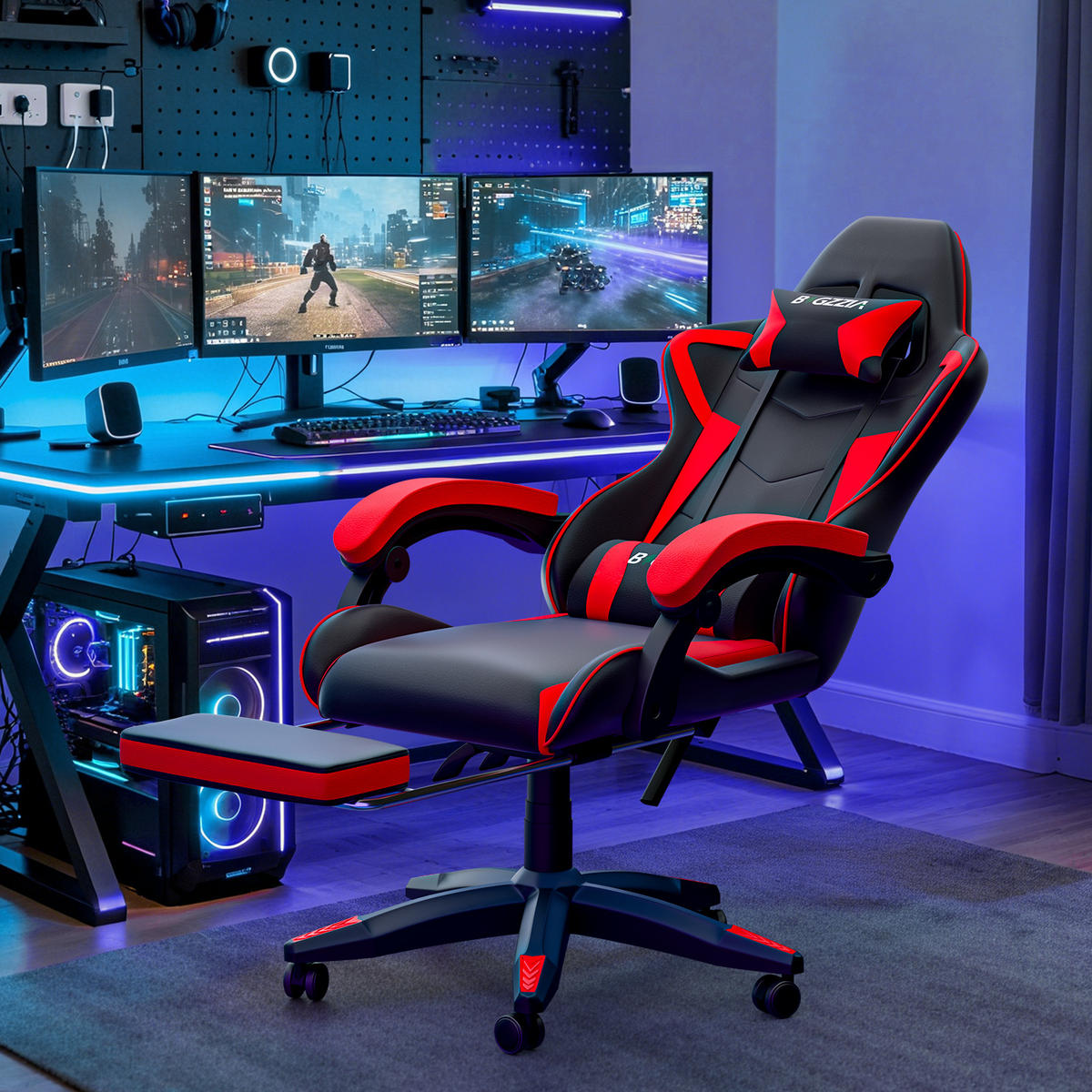 GAMINGSTUHL Schwarz-Rot Racing ergonomisch mit Fußstütze,Leder - Rot, Metall (29/59/79cm) - Rattrix