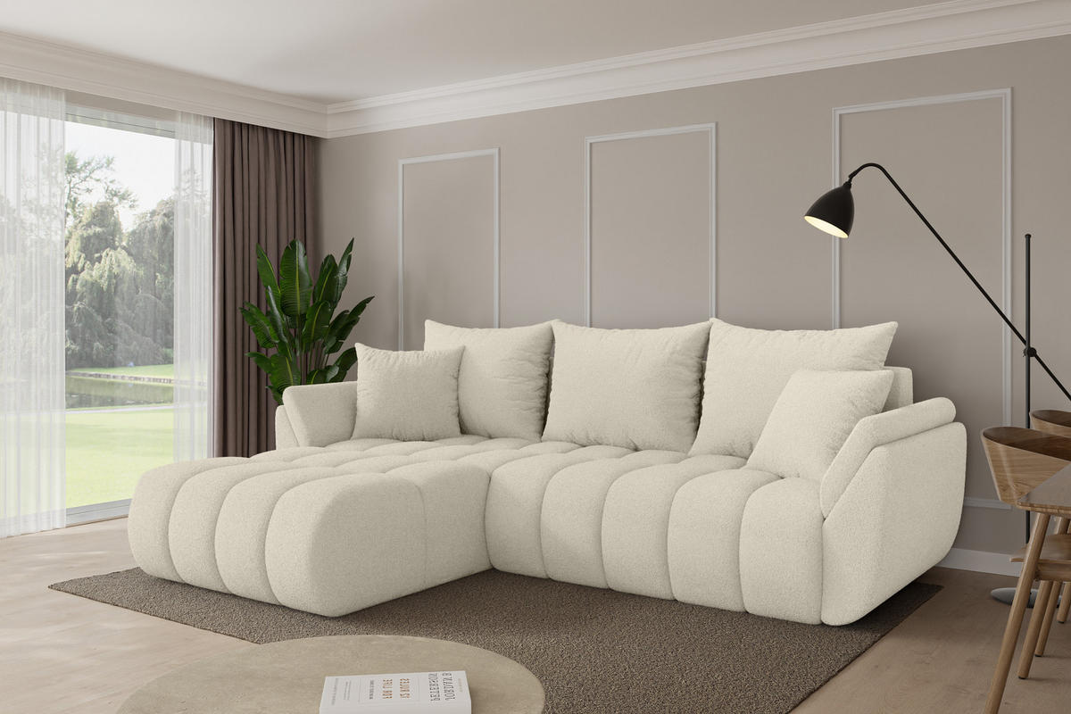 ROHOVÁ SEDAČKA s funkcí spaní, otoman vlevo TOKO-L-v1 277x194x86 béžová bouclé - černá/písková barva, kompozitní dřevo/textil (277/194cm) - ALTDECOR