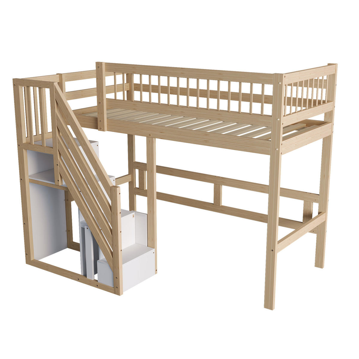 HOCHBETT 90x200 Holz Massivholz Treppe Schrank - Naturfarben, Holz (90/200cm) - FLIEKS