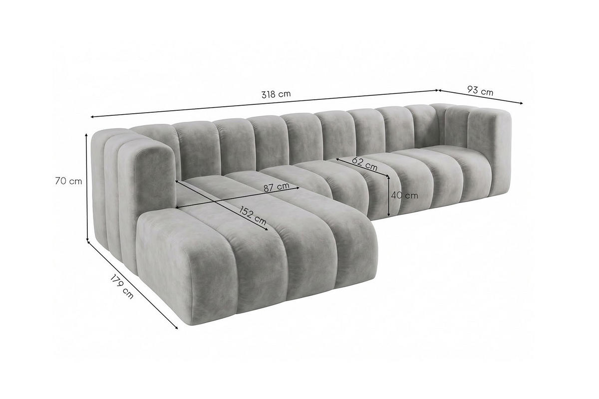 ECKSOFA Modulares In L-Form, Velvet-Stoff Riviera, Grau, Links, GRAND 318 cm - Grau, Holz (318/179cm) - Kaiser Möbel