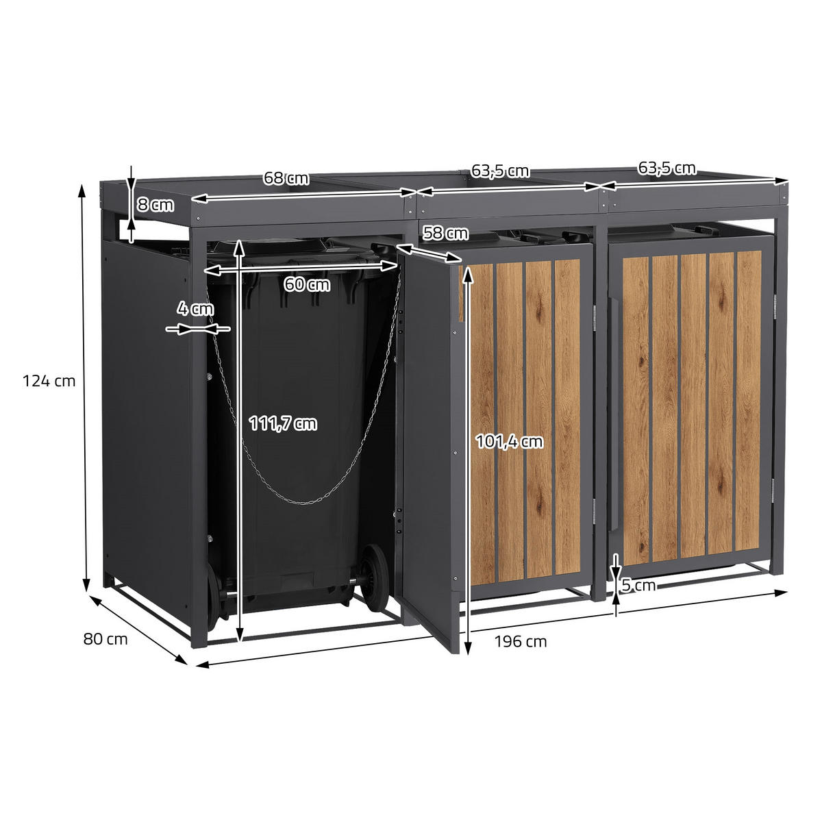 MÜLLTONNENBOX 3er mit Pflanzdach 240L Anthrazit-Holzoptik aus Stahl - Hellbraun, Metall (80/124/196cm) - ML-DESIGN