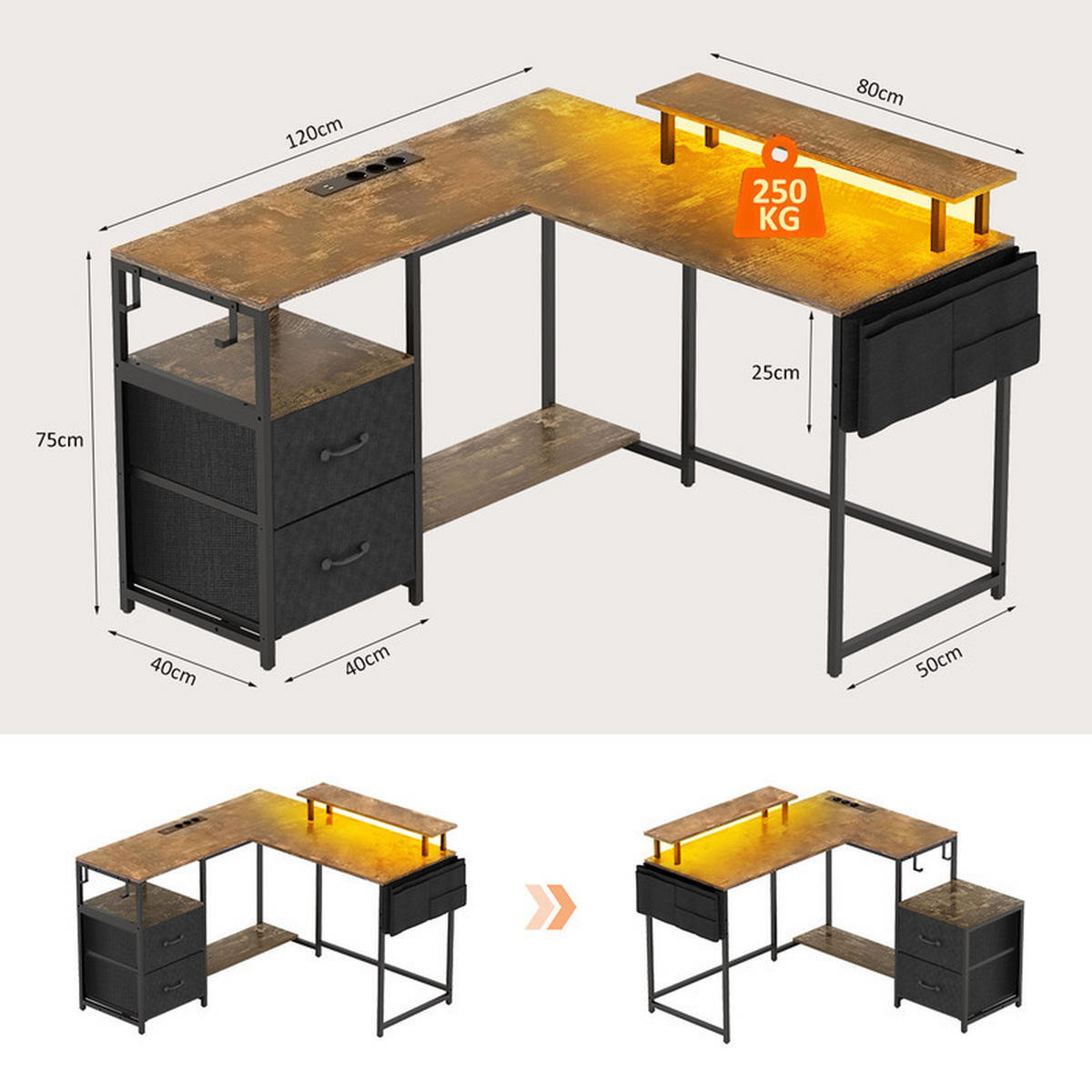 GAMINGTISCH L-förmig,120 x 120 x 75 cm,Eckschreibtisch mit Ablagefach,mit Monitorständer,2 USB mit 3 Buchsen,Braun - Braun, Metall (120/48/75cm)