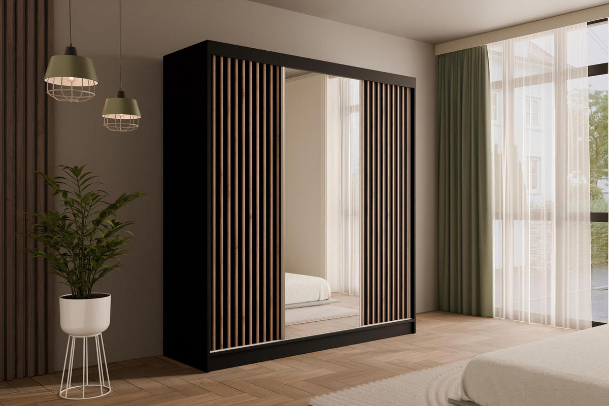 KLEIDERSCHRANK mit Spiegel V2-ZENTI 215x200 cm Schwarz - Schwarz, Holzwerkstoff (200/215/61cm) - ALTDECOR