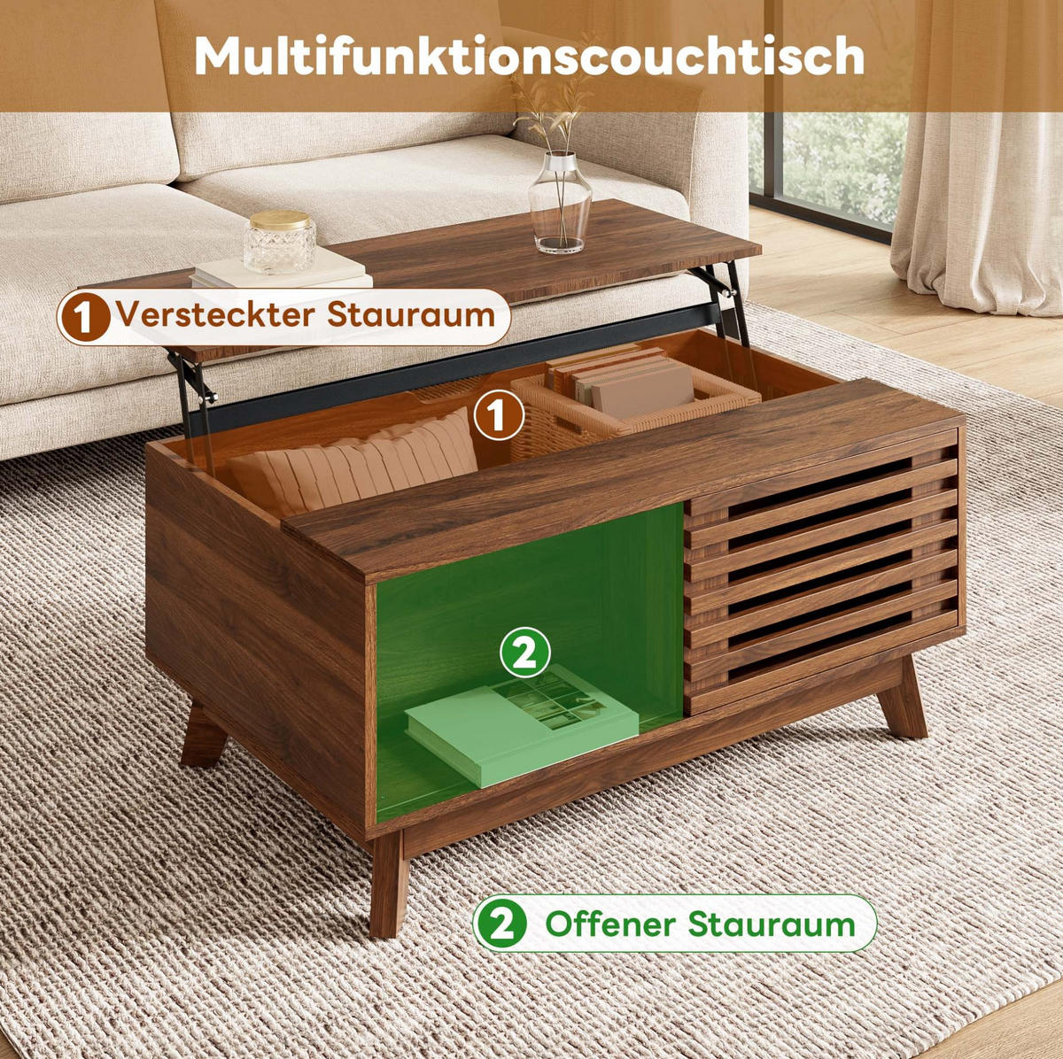 COUCHTISCH 90/55/57.5 cm in Walnuss aus MDF mit höhenverstellbarer Tischplatte - Nussbaumfarben, Holzwerkstoff (90/55/57.5cm) - OKMYHOME