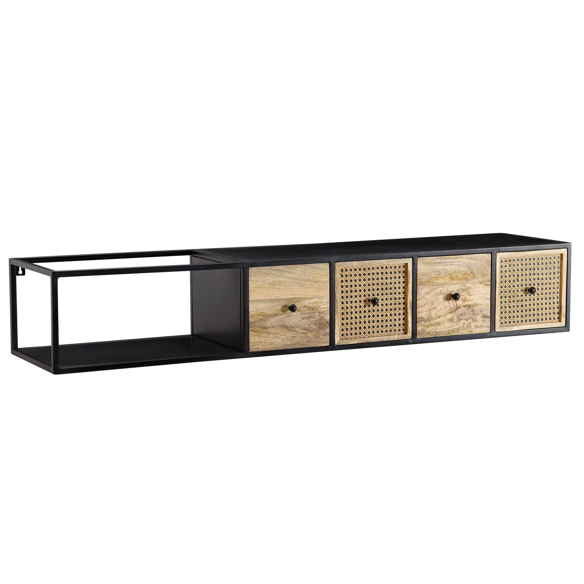 LOWBOARD Hängend Mango Massivholz Metall Modern Stil mit Schubladen und Rattan-Fronten - Schwarz, Holz/Metall (150/25/35cm) - KADIMA DESIGN