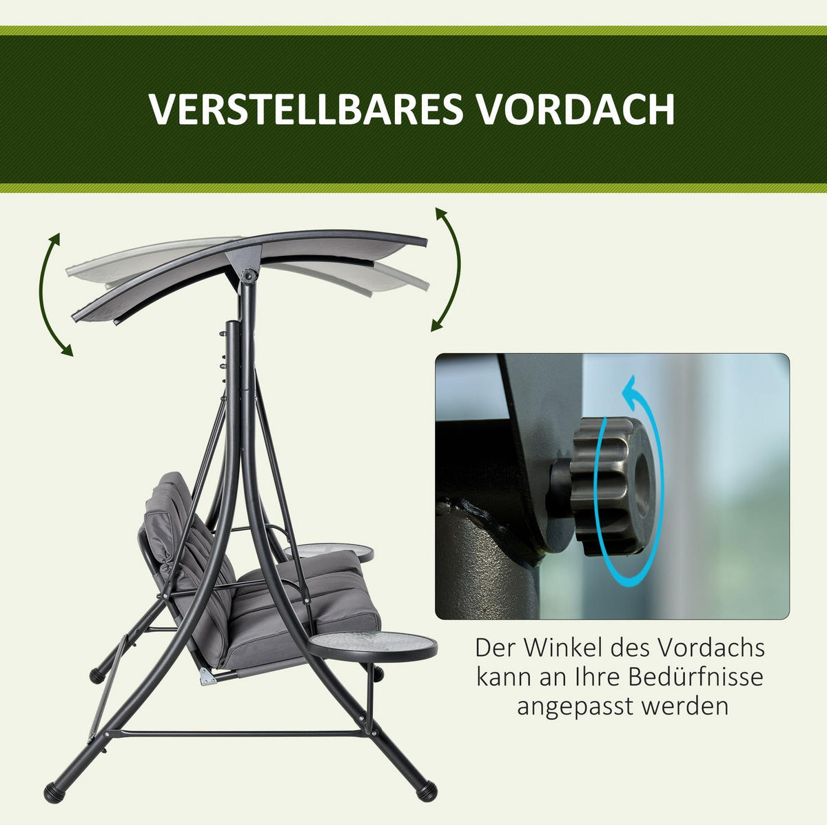 HOLLYWOODSCHAUKEL aus Stahl 271 x 125 x 177 cm in Grau mit verstellbarem Sonnendach - Grau, Metall (125/177/271cm) - Modfu