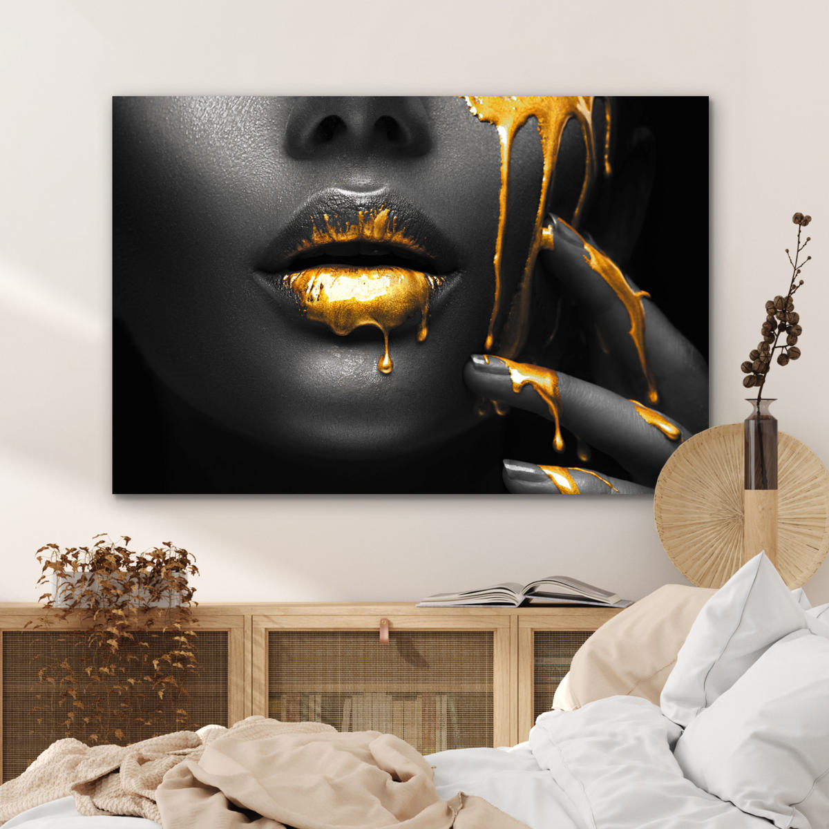 METALLBILD Frau - Schwarz - Gold - Gesicht - Lippen 120x80 cm - Goldfarben, Metall (120/80cm) - MuchoWow