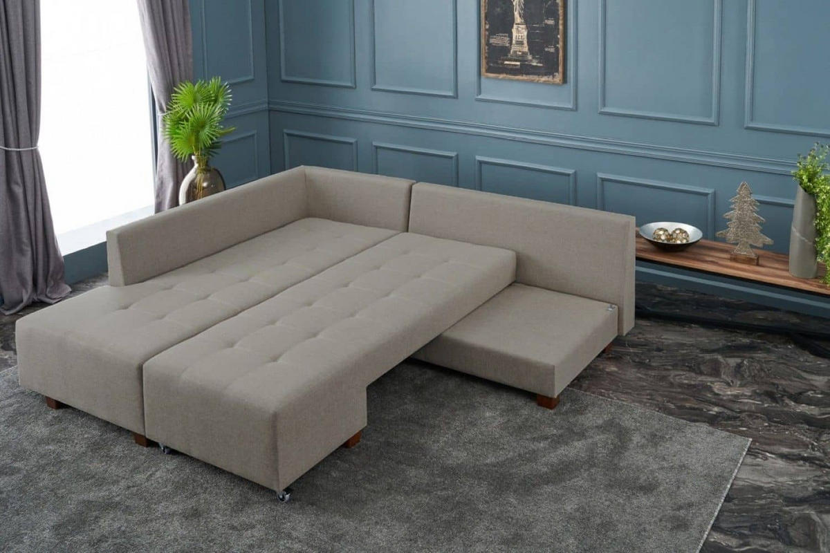 ECKSOFA mit rollbarer Schlaffunktion - Beige/Walnussfarben, Holzwerkstoff/Kunststoff (280/206cm) - myHomelando