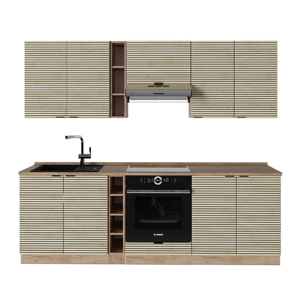 KÜCHENZEILE Fame-Line Eiche Paneel/Goldkraft Eiche 235 cm , AP Eiche - Hellbraun/Eiche Wotan, Holzwerkstoff (235/81.6/60cm) - Vicco