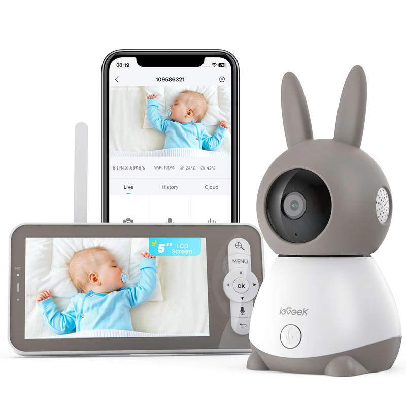 BABYPHONE 5 Zoll 2K 3MP 360° PTZ Kamera Bewegungserkennung Monitor - Grau, Kunststoff - Kaket