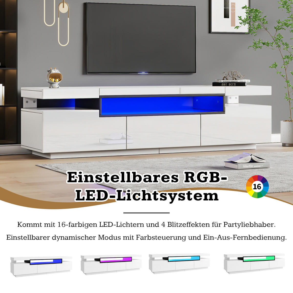 TV-ELEMENT in Weiß TV Schrank mit LED-Beleuchtun,Schubladen,B160/T39/H42cm - Weiß, Holzwerkstoff (160/42/39cm) - STILVORA