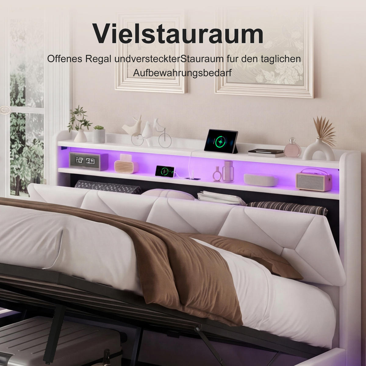 POLSTERBETT 140x200 cm mit Bettkasten, hydraulischer Stauraum, LED, USB & Type-C, Kopfteil mit Ablage und Lattenrost, Beige - Beige, Metall (140/200cm) - EuroLiving