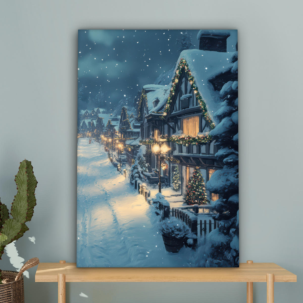 LEINWANDBILD Weihnachtsdorf - Weihnachten - Schnee - Winter Wanddeko 40x60 cm - Dunkelblau, Textil (40/60cm) - MuchoWow