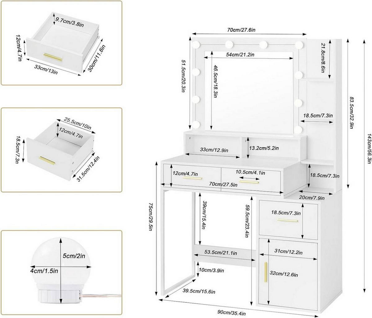 SCHMINKTISCH mit LED, Spiegel, 3 einstellbare Helligkeiten, Weiß - Goldfarben/Weiß, Holzwerkstoff (90/143/39.5cm) - Woltu