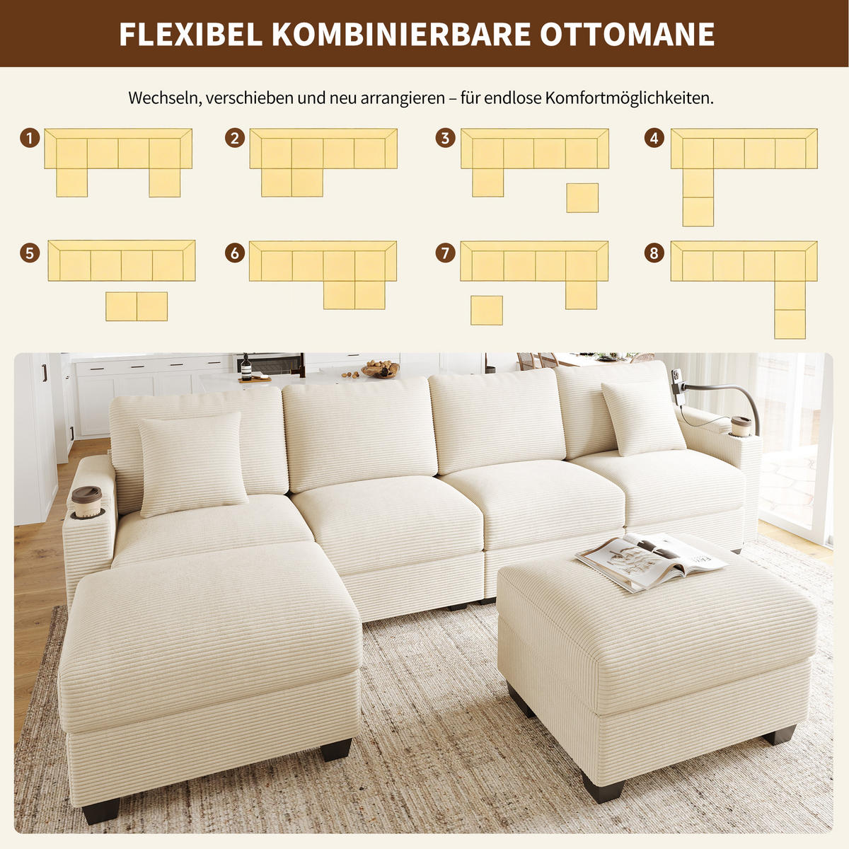 WOHNLANDSCHAFT Cord Beige mit USB, USB-C und Stauraum - Beige, Holzwerkstoff/Kunststoff (275.5/87/139cm) - WISHDOR