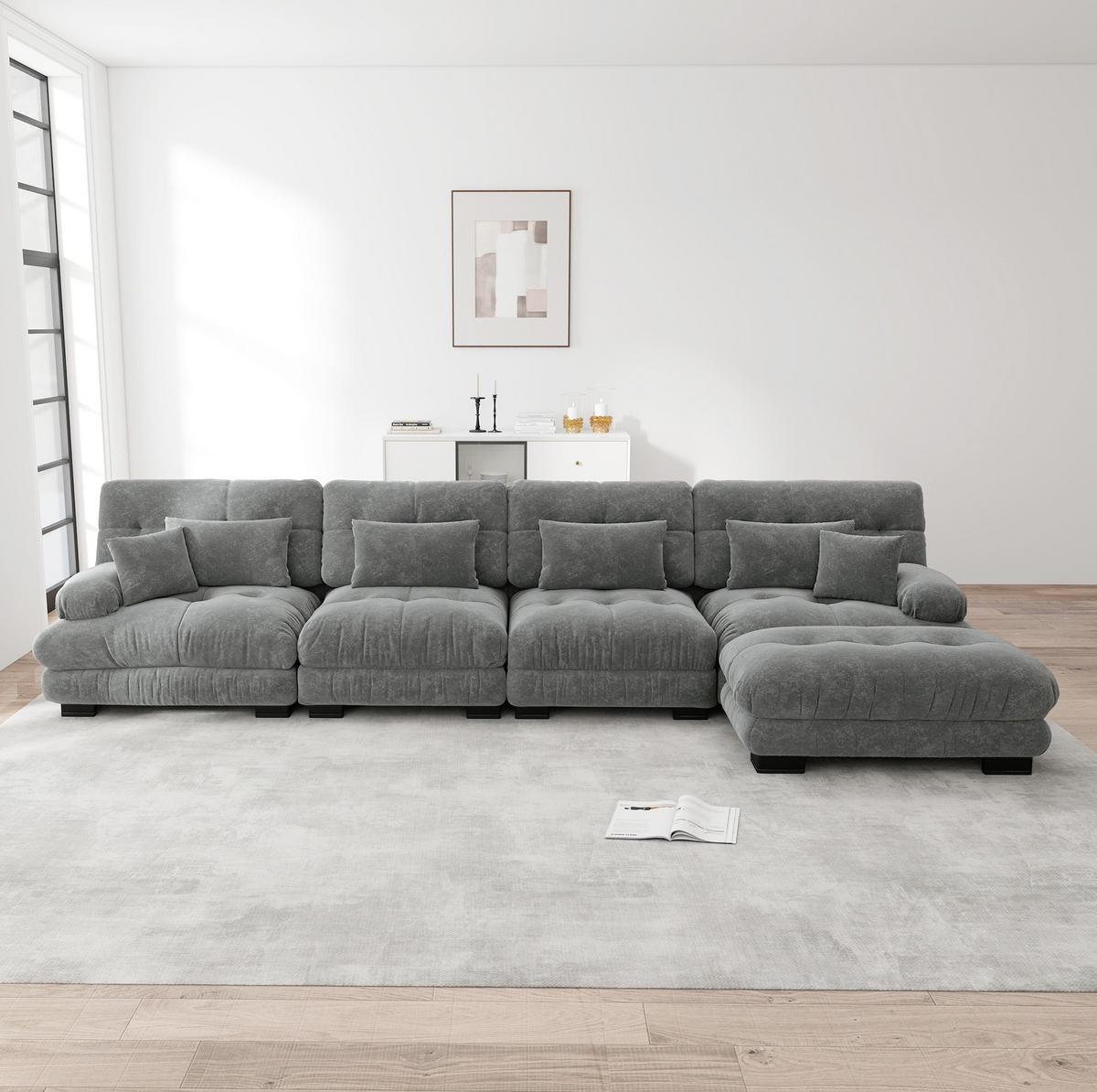 ECKSOFA 406/145/81 cm in Grau aus Chenille mit beweglichem Ottoman - Grau, Textil (145/406cm) - Flora Grace
