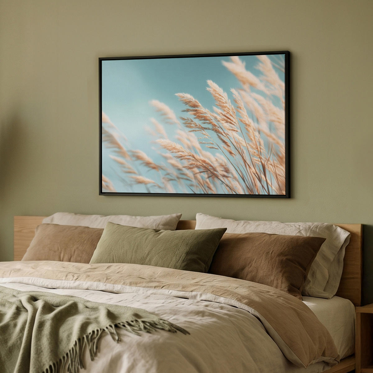 LEINWAND Bilder mit Rahmen - Ziergras - Wind - Hellbraun - 70x50 - Hellblau, Textil (70/50cm) - MuchoWow