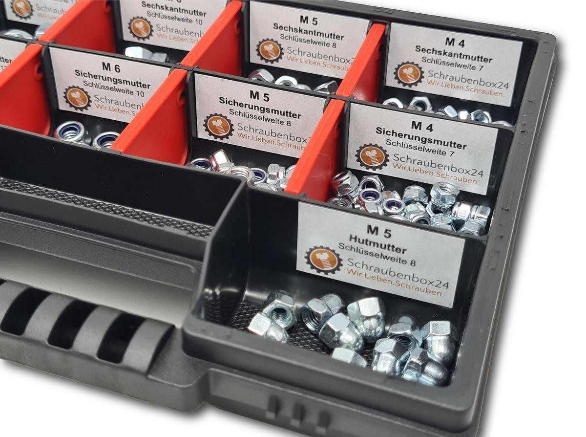 MUTTERN Sortiment M4-M5-M6-M8 235 tlg. Schraubenbox - Zinkfarben, Metall (3.5cm) - Schraubenbox24