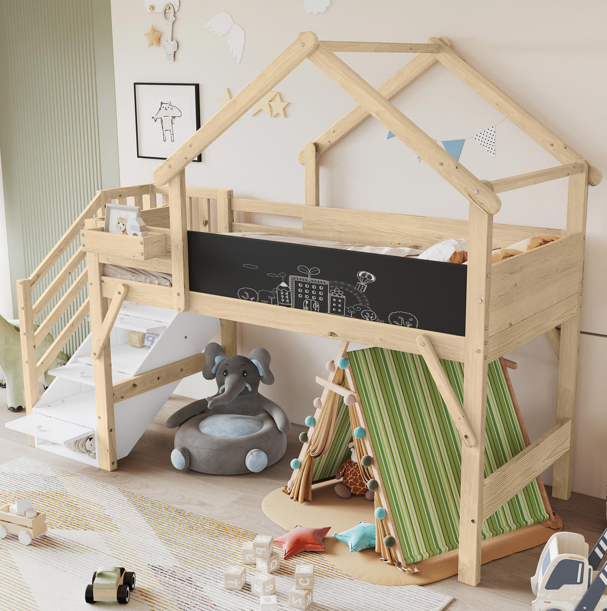 ETAGENBETT 90/200 cm Weiß mit Graffiti-Tafel und Stauraumtreppe aus Kiefer und MDF - Weiß, Holzwerkstoff (90/200cm) - OKWISH