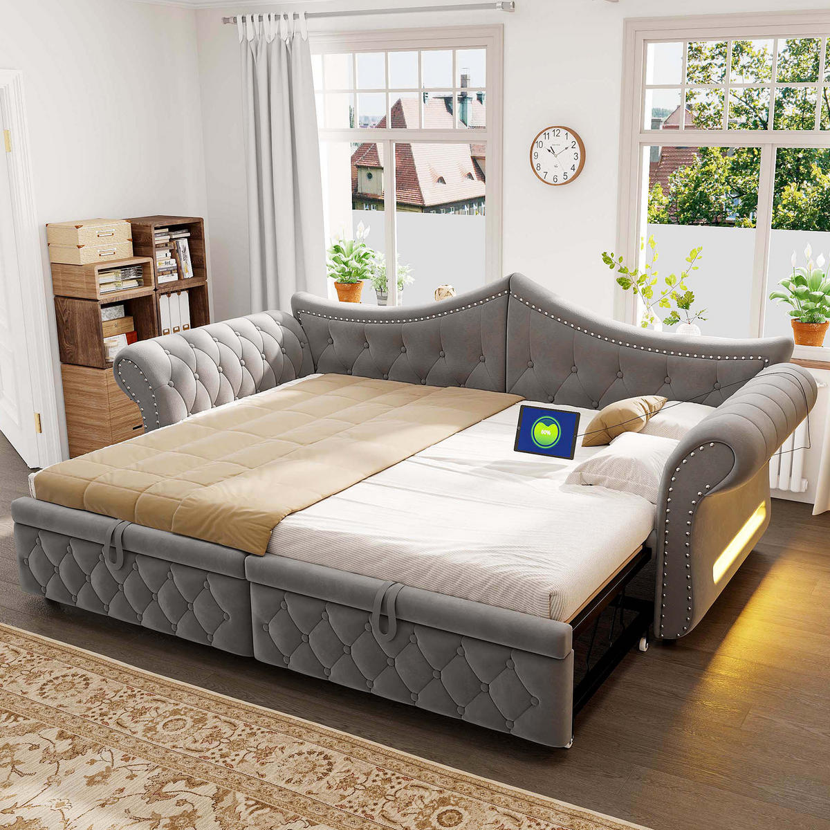 AUSZIEHBETT 90/180/200 cm mit USB und LED, DE-41723, in Grau - Grau, Metall (90/200cm) - ComfortXL