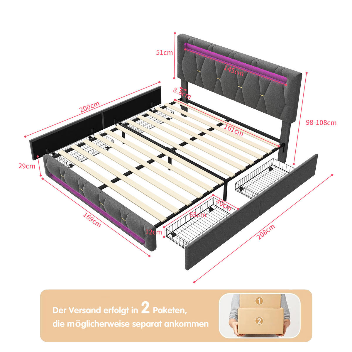 BETTGESTELL 160x200 cm mit Stauraum und Lattenrost, modernes Doppelbett Grau - Grau, Holz/Metall (160/200cm) - PARAFTA HOME