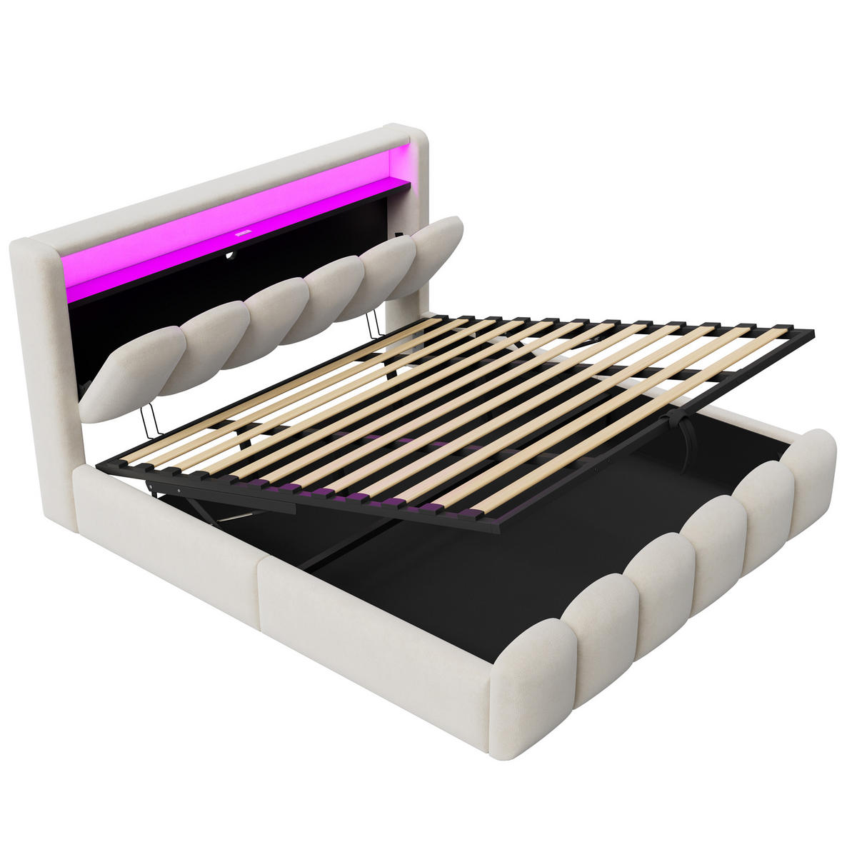 POLSTERBETT 180x200 Beige Samt LED Stauraum - Beige, Textil (180/200cm) - FLIEKS