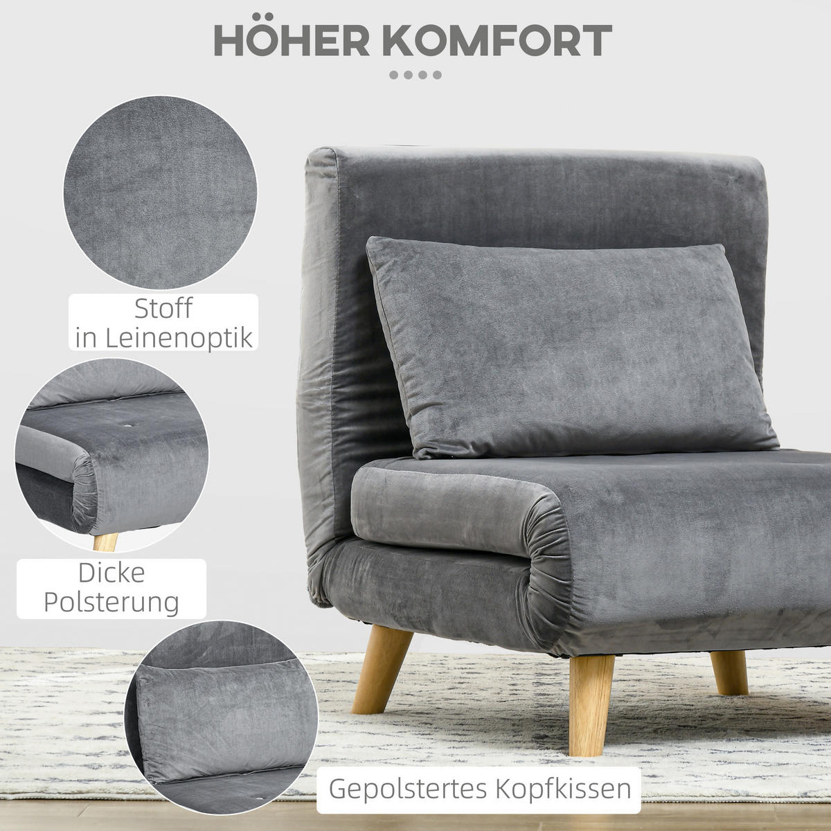 SCHLAFSESSEL, Samt, Gummiholz, Grau - Grau, Textil (78/79/72cm) - HOMCOM
