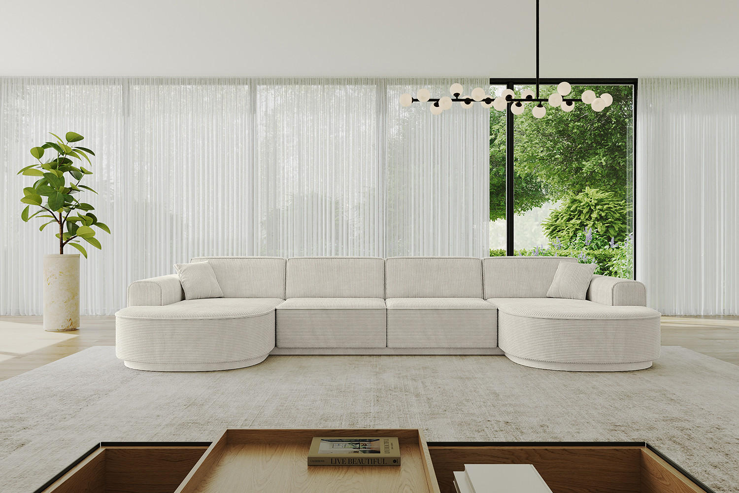 WOHNLANDSCHAFT MARI-U2-v3 - 380x163x81 cm Hellgrau Cord - Hellgrau/Schwarz, Holzwerkstoff/Kunststoff (380/81/163cm) - ALTDECOR